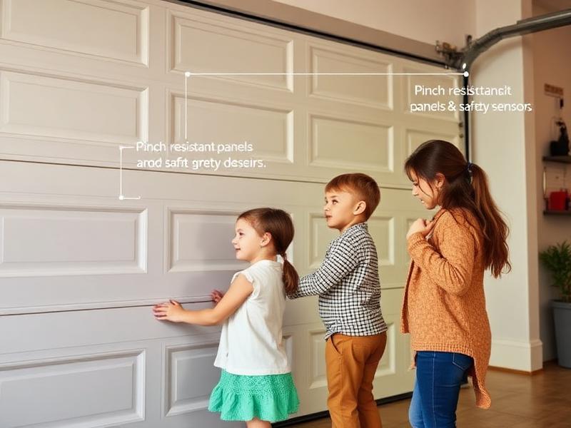 Family with children near garage door showing pinch-resistant panels and safety sensors