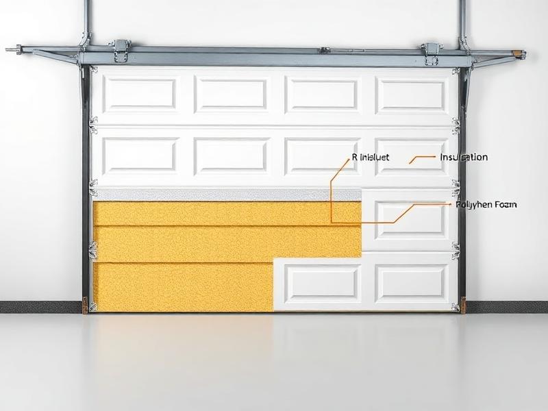 Cross-section of insulated garage door panel showing polyurethane foam insulation layers