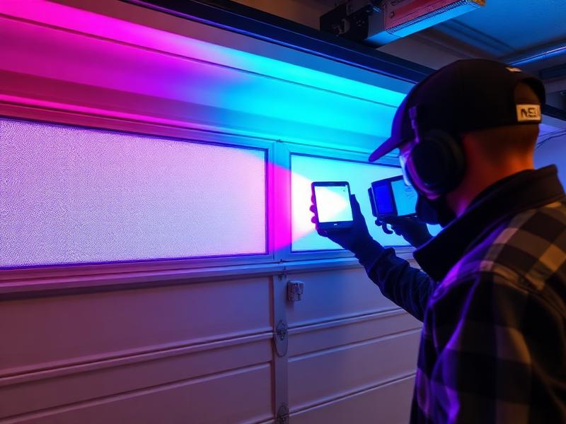 Technician testing garage door safety reversal sensors with diagnostic equipment