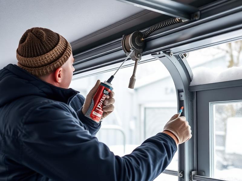 Technician applying lubricant to garage door springs and tracks during winter maintenance